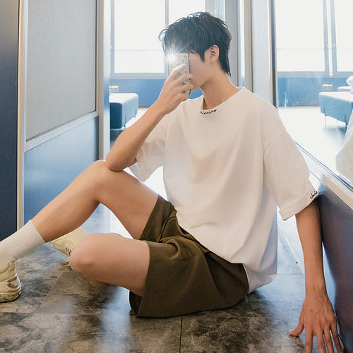 Sicilian men's summer white half-sleeved men's trend loose five-point sleeve men's embroidered Hong Kong style short-sleeved t-shirt