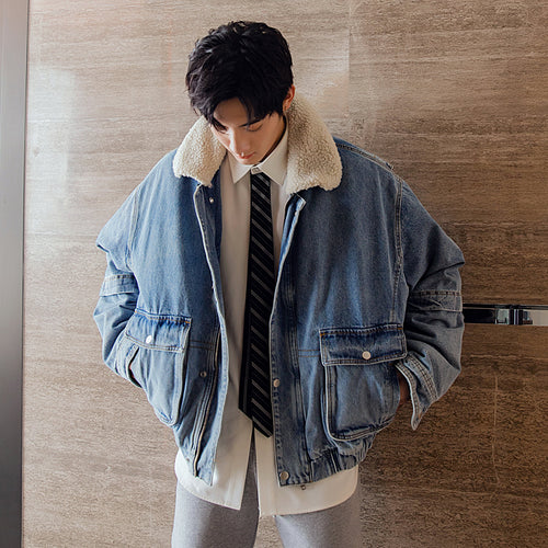 Sicilian men's winter new denim jacket lamb velvet lapel loose warmth thickened youth jacket male
