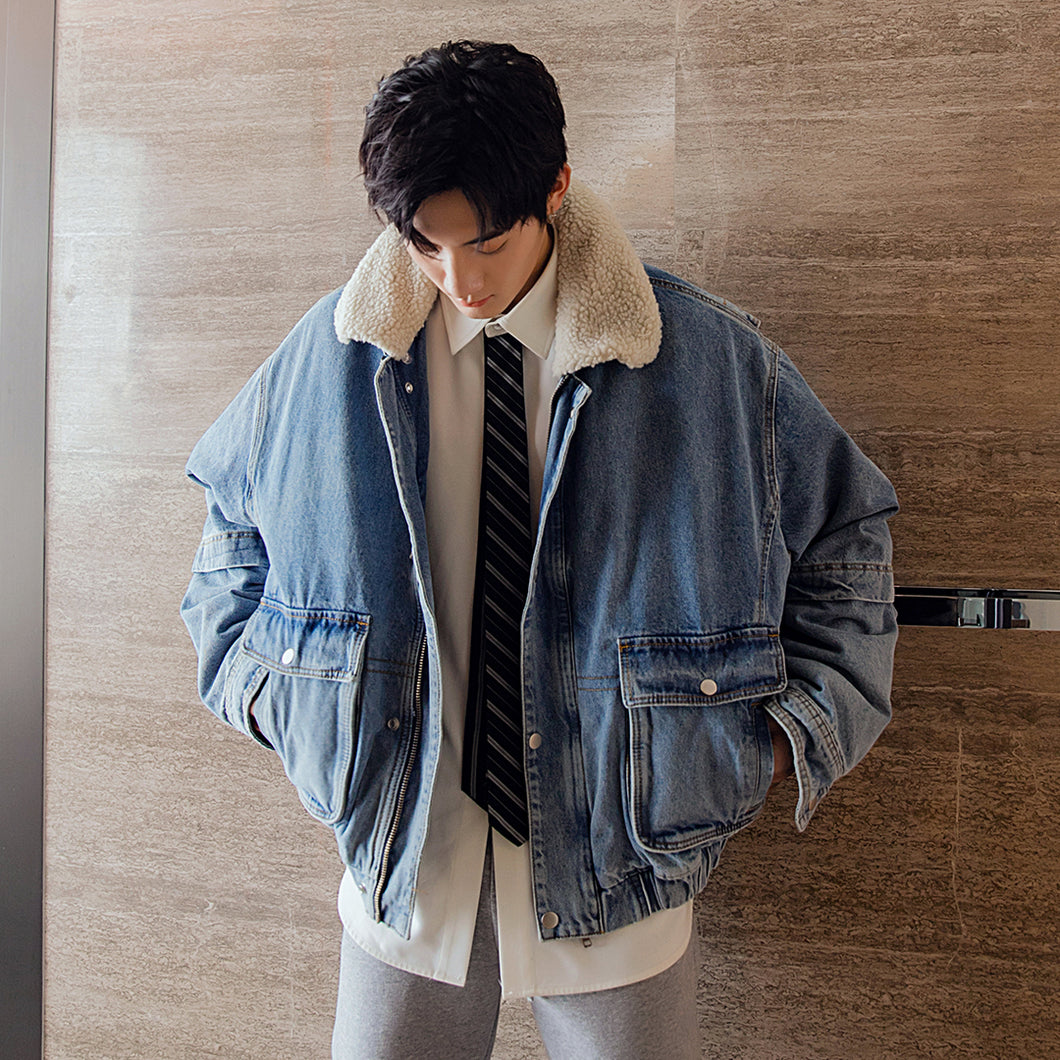 Sicilian men's winter new denim jacket lamb velvet lapel loose warmth thickened youth jacket male